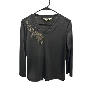 Devon Long Sleeve Black V-Neck Top Gold Embroidery Detail Size S Coquette Formal